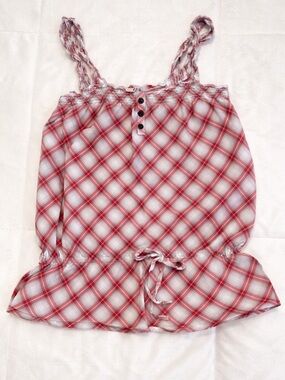 Mudd Plaid Peplum Tank Top XL Red White Boho Cottagecore Tie Waist